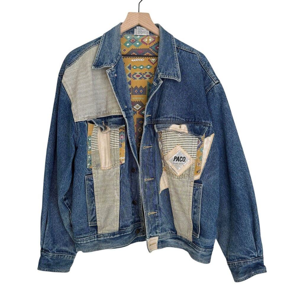Vintage PACO Patchwork Denim Jacket Southwestern Aztec Button Sz Large SEE PICS